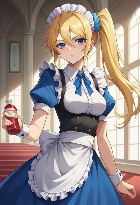 score_9, score_6_superior, sauce_anime, One girl, alone, indoor, Mansion, Highschool, blue eyes, Blonde, Side Ponytail, Blue Scrunchie, Maid&#39;s Headdress, Black vest, White shirt, Long sleeve, White Ascot, Waist apron, Expressionless 、Huge breasts