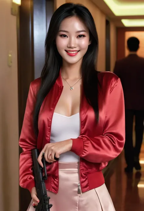 Half body photo, 1 beautiful Asian girl; coy smile, red satin bomber jacket with white sleeves; holding a full size MP5 gun in in her hands, m16 rifle black satin skirt,, long hair,wearing jewelry, natural makeup, extremely detailed eyes and face, lovely s...