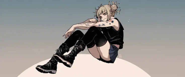 himiko toga wearing a black sweatshirt, black boots and a short skirt with black stockings (tattoos on arms and hands)