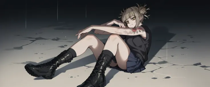 himiko toga wearing a black sweatshirt, black boots and a short skirt with black stockings (tattoos on arms and hands)