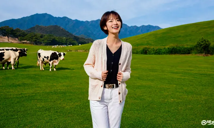 high quality, 1 woman, ((36 years old 건강한 한국 여성)), ((36 years old)), 1 woman, Your eyes are big and pretty. ((slim)), ((short medium hair)), laugh. pose: standing, white t shirt, short cardigan, white casual pants, background: 1 woman, California, pasture,...