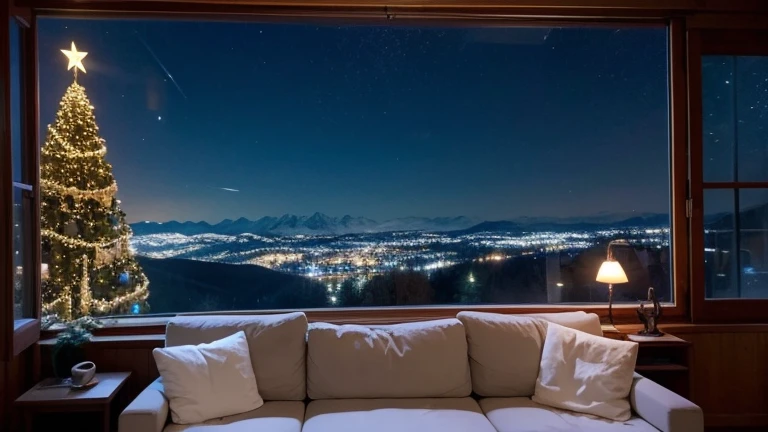 Floor-to-ceiling windows，There is a sofa in front of the window，night，There are stars，Snow on trees，There are oil lamps on the table，There is a Christmas tree。There are mountains in the distance