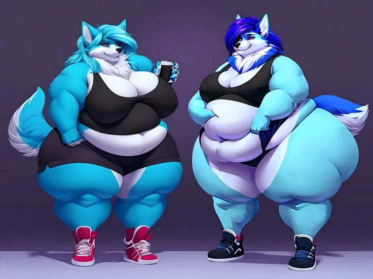 Malamute, female, long blue hair, black and blue body,huge breasts, huge hips, huge thighs, plump, voluptuous, morbidlyobese, gorgeous, beautiful, eyelashes, black tank top, black shorts,fat arms, fat legs, belly rolls, fat rolls, hip fat rolls, double chi...