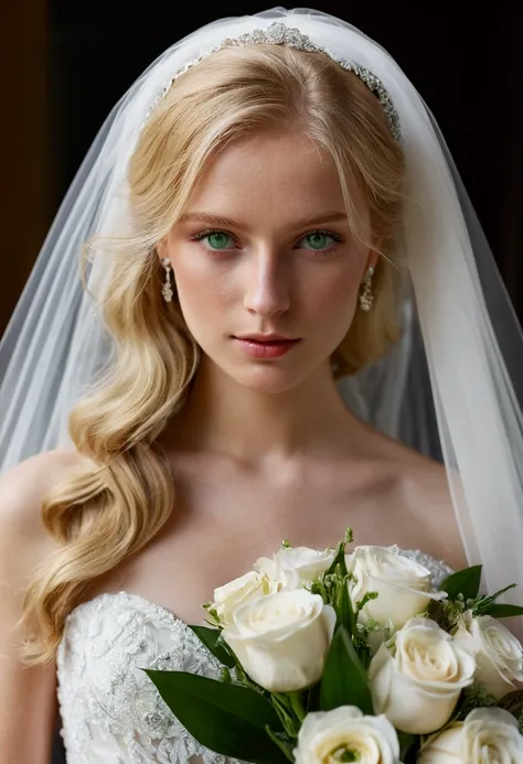 Blonde woman in a wedding dress with a veil holding a bouquet. She has green eyes and blonde hair, a beautiful face and a sharp nose and reddish mouth.