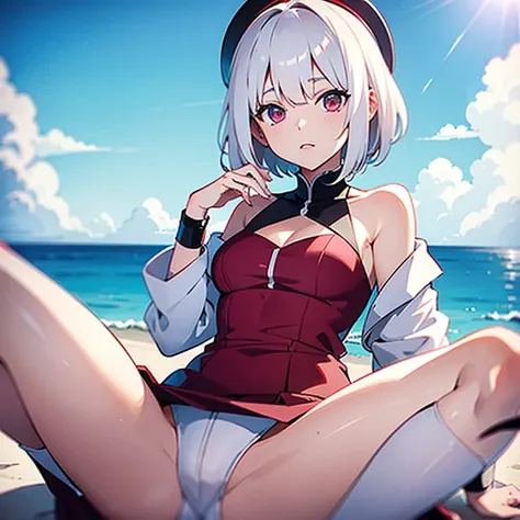 (white short hair)(red eyes)(dress)(sit)(anime)4K