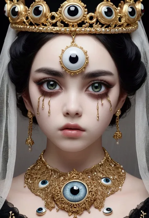 grotesque aesthetics：girl with extra eyes，tears，there are many eyeballs growing on the skin of the face，eyeball necklace，eyeball...