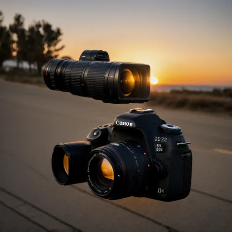 images of a canon camera in high quality taken from a frontal diagonal perspective, blurred background and in a sunset 