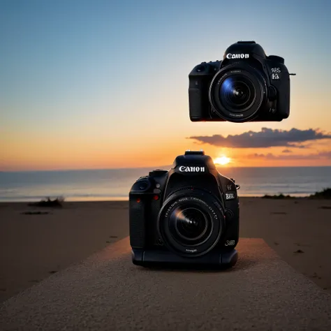 images of a canon camera in high quality taken from a frontal diagonal perspective, blurred background and in a sunset 