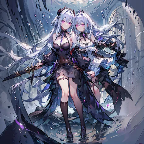 She wears a revealing dress that is sleeveless and reaches down to her waist, with lace fabric on the front of her neck. She has silver hair that reaches down to her shoulders, red and purple eyes, black shoes, and a black choker. She wields two daggers, a...