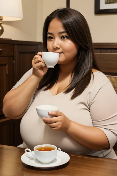 A chubby woman having a cup of tea with straight shoulder length hair with tan skin