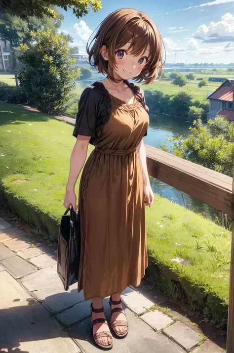 1girl, (anime coloring:1.2), anime scene, happy smile,short hair, chestnut hair, (brown color Short sleeve Maxi dress:1.3), Simple shoes, standing,nordic vast land grassland,