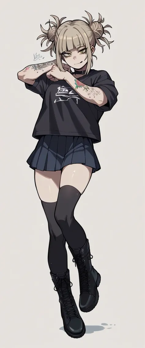 himiko toga wearing a black sweatshirt, black boots and a short skirt with black stockings (tattoos on arms and hands) (cuerpo c...