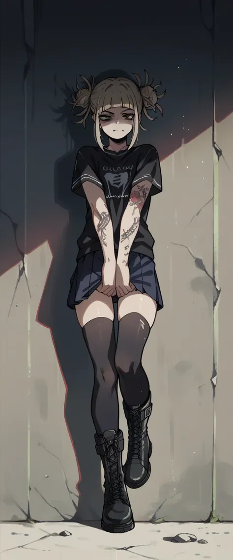 himiko toga wearing a black sweatshirt, black boots and a short skirt with black stockings (tattoos on arms and hands) (cuerpo c...