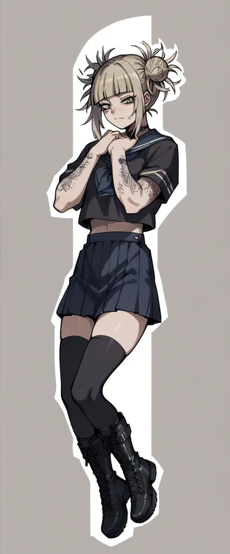 Himiko Toga wearing a black sweatshirt, black boots and a short skirt with black stockings (tattoos on arms and hands) (cuerpo completo)