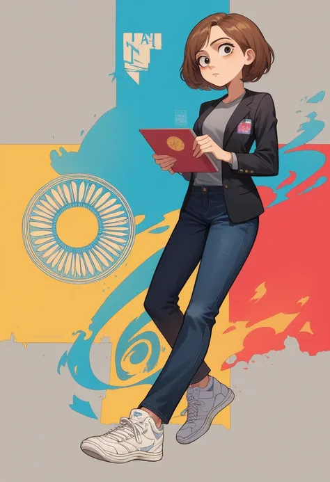 3D PIXAR STYLE POSTER. WOMAN 35 YEARS OLD, with light skin, MEDIUM BROWN HAIR ON THE SIDE, eyes browns, black blazer, black jeans pants, gray shirt, White sneakers, notebook in hand,  COLORFUL BACKGROUND WITH RED PUZZLE,  Unripe, azul e amarelo