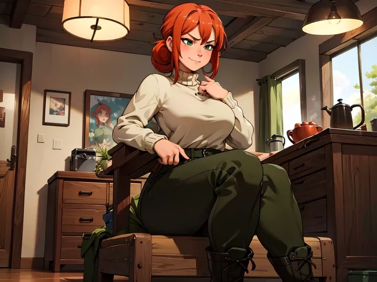 (best quality,4k,8k,highres,masterpiece:1.2),ultra-detailed,realistic:1.37,portrait, anthro very sexy bandicoot  girl lesbian redhead, braided hair, beautiful green eyes, seductive, warm sweater, hants to camouflage pants, army boots, smirking, cozy lighti...