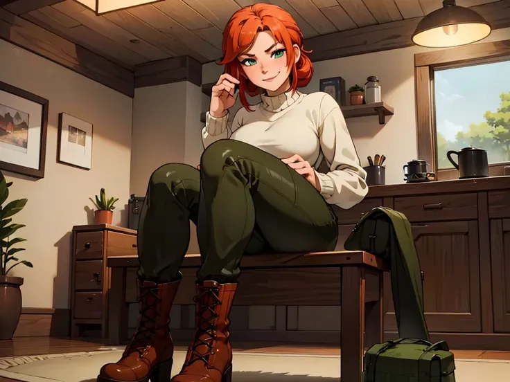 (best quality,4k,8k,highres,masterpiece:1.2),ultra-detailed,realistic:1.37,portrait, anthro very sexy bandicoot  girl lesbian redhead, braided hair, beautiful green eyes, seductive, warm sweater, hants to camouflage pants, army boots, smirking, cozy lighti...