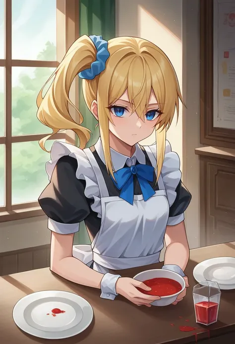 score_9, score_6_superior, sauce_anime, One girl, alone, indoor, Mansion, Highschool, blue eyes, Blonde, Side Ponytail, Blue Scrunchie, Maid&#39;s Headdress, Black vest, White shirt, Long sleeve, White Ascot, Waist apron, Expressionless 、Huge breasts:1.5、B...