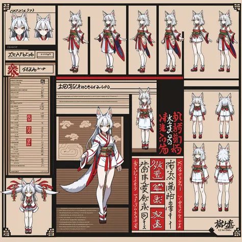 Character Sheet, A graceful wild fox girl with mostly silver hair, Japanese Shrine Maiden Costume, variation, Highest quality, pixel