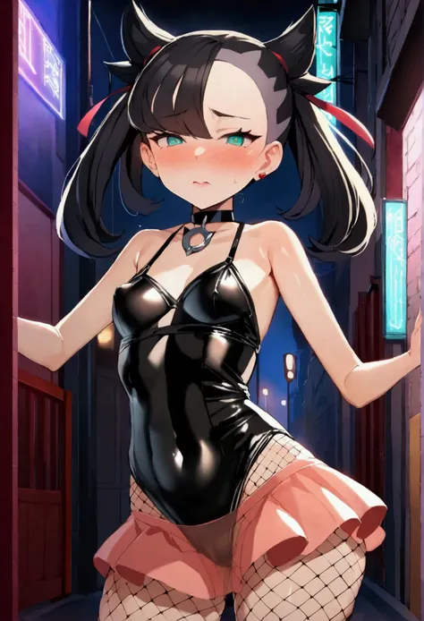 NSFW,masterpiece,Highest quality,High resolution,Super detailed,marnie_(pokemon),Aqua Eye, Black Choker, Red ribbon,Black leotard,See-through,Micro Mini Skirt,Removable sleeves,Fishnet tights,Small breasts,Be nervous,Embarrassed,blush,Downtown at night,All...