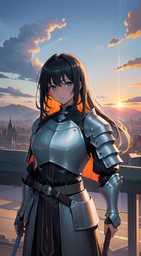 Clouds， view over city， mountain ranges，Original Character、Fantasy concept art、Volumetriclighting、best shadow、Portrait of a noble knight、dignified、Sophisticated tactical heavy armor、shelmet，Shoulder blades、Tassel waistband、Hand Guard、Poleyn、High quality ar...