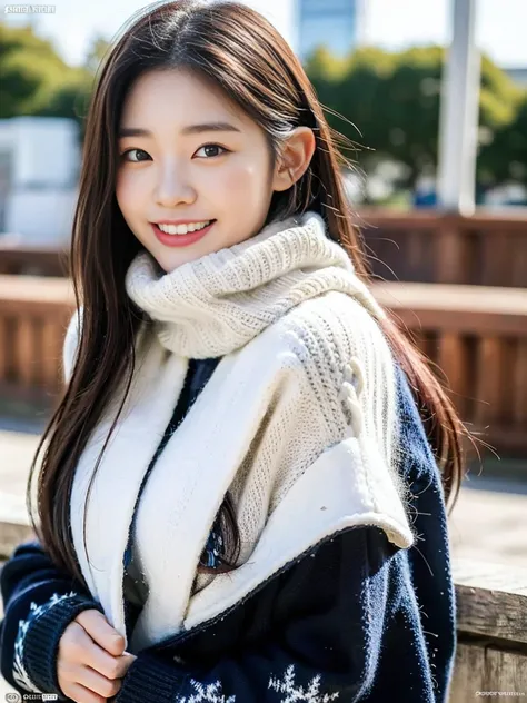 (A photo of a super cute Korean schoolgirl feeling cold while wearing a winter knit:1.2)(Embarrassed look,I grin in embarrassment.:1.1)(Beautiful Sweat:1.1)(16K, RAW Photos, Highest quality, masterpiece: 1.2),(Shiny and beautiful black long hair) Super det...