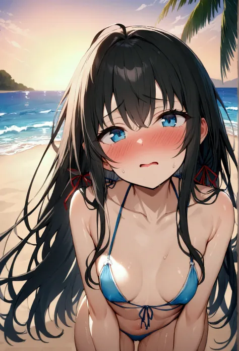 NSFW,masterpiece,Highest quality,High resolution,Super detailed,Yukinoshita Yukino(My Youth Romantic Comedy is Wrong as Expected),Black Hair,Long Hair,Light blue eyes,High quality sexy bikini,Halter neck,Small breasts,Face in love,Embarrassed,blush,beach,P...