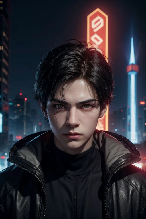 a 17-year-old boy, dark hair, red eyes, a male individual, animated style, cyberpunk, Obelisk of Argentina, High quality image, 4k, Movie, detailed face, detailed images