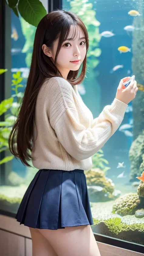 A Japanese woman with a pure and innocent image。Someone with beautiful long hair。A date to the aquarium wearing a skirt and summer sweater