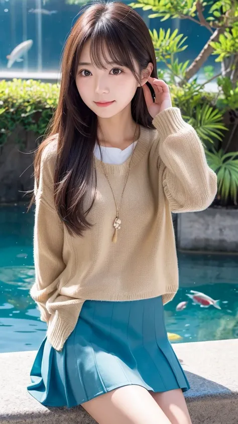 A Japanese woman with a pure and innocent image。Someone with beautiful long hair。A date to the aquarium wearing a skirt and summer sweater