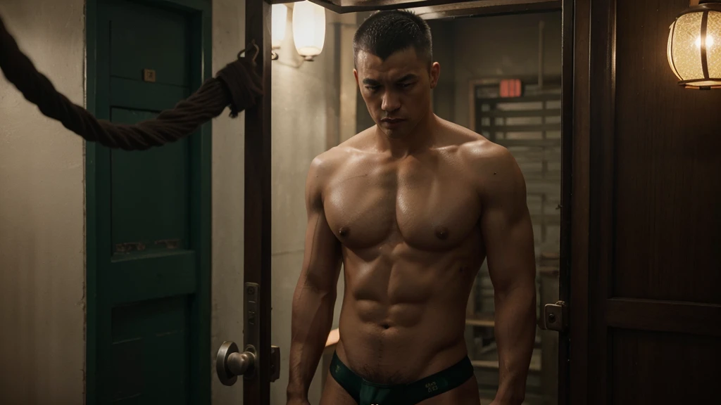 3 Chinese jail men ,Bare upper body with sexy brief in lower part long and big penis inside see-thru brief ，a handsome chinese men in chinese jail，There is a rope tied to the body，No beard，masterpiece, top-quality, cinematic Film still from,  Mohican, Blac...