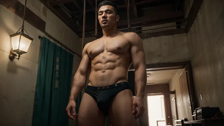 3 Chinese jail men ,Bare upper body with sexy brief in lower part long and big penis inside see-thru brief ，a handsome chinese men in chinese jail，There is a rope tied to the body，No beard，masterpiece, top-quality, cinematic Film still from,  Mohican, Blac...