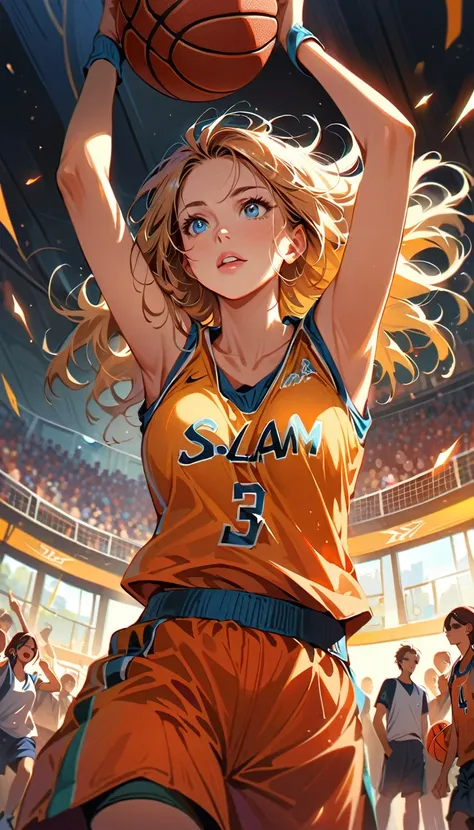 (A woman basketball player,1girl,beautiful detailed eyes,beautiful detailed lips,extremely detailed eyes and face,longeyelashes,intense focused expression, game-winning dunk, long and hogh jump with ball, basketball court,cheering crowd,high energy atmosph...