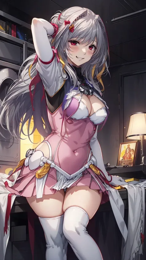 12k,Escalayer,long hair,hair_ornament,Red eyes,Pink Dress,White long gloves,thigh_boots, Embarrassing ,blush,,,White panties,,masterpiece,Noise Reduction,Perfect Anatomy,High resolution, Very detailed,Game CG,Dutch Angle ,Beautiful attention to detail,Visu...