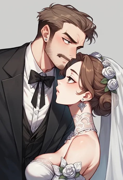 Couple looking at each other both handsome she dressed as a bride brown hair and eyes angelic face rosy mouth and he looking 37 hair with a few grey hairs beard manly body wearing a black suit real people and not like a drawing