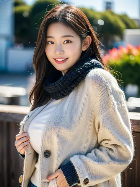 (A photo of a super cute Korean schoolgirl feeling cold while wearing a winter knit:1.2)(Embarrassed look,I grin in embarrassment.:1.1)(Beautiful Sweat:1.1)(16K, RAW Photos, Highest quality, masterpiece: 1.2),(Shiny and beautiful black long hair) Super det...