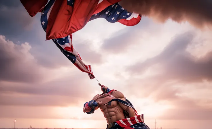 a patriotic man dramatically waving an american flag,angry expression,intense emotion,muscular heroic figure,dramatic lighting,cinematic camera angle,intricate details,photorealistic,4k,best quality,highly detailed