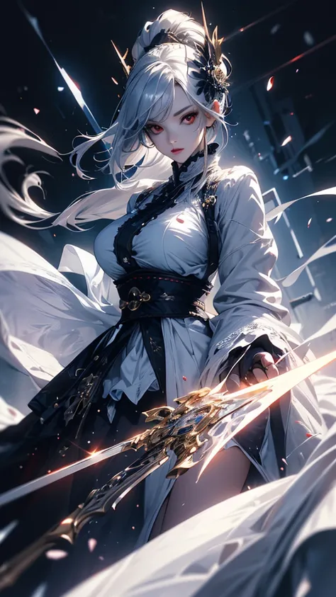 masterpiece, high quality, 4K, Beautiful design, silhouette，Silver Hair， Highly detailed and amazing starry sky, Finer details,  Very knowledgeable woman, Highly detailed solo, 1 female,Red eyes，Big Breasts，White Lolita Fashion，cross，