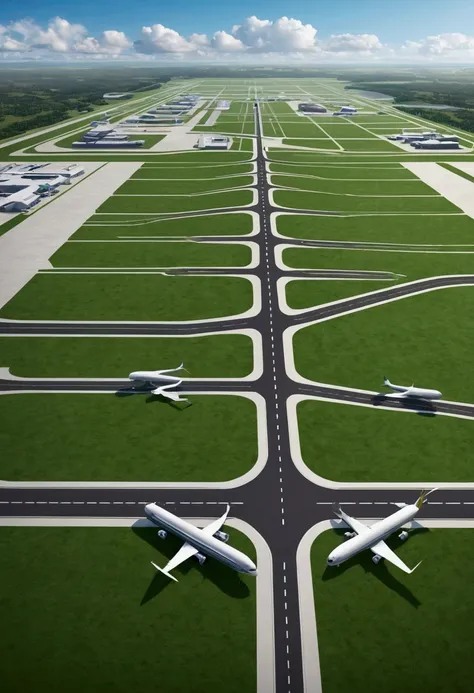 Create a digital illustration of an airport with parallel runways that are connected at the edges. The runways should be long and straight, with clear markings and lights along the sides. Surround the runways with green grass fields, and include some small...