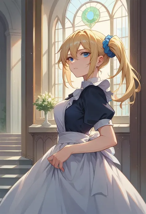 One girl, alone, indoor, Mansion, Highschool, blue eyes, Blonde, Side Ponytail, Blue Scrunchie, Maid&#39;s Headdress, Black vest, White shirt, Long sleeve, White Ascot, Waist apron, Expressionless 、Huge breasts:1.5、Big Breasts:2、blush、Staring at a huge pen...