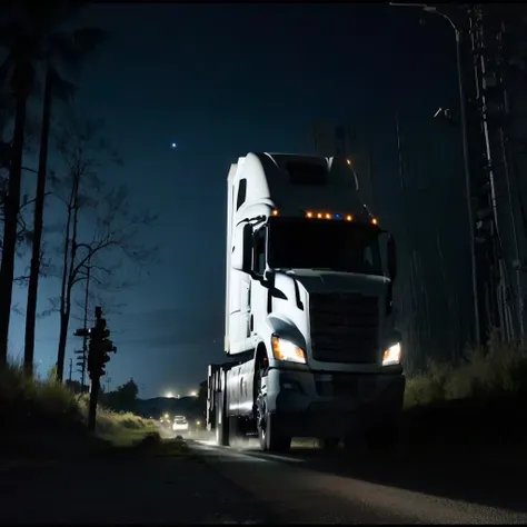 there is a truck that is driving down the road at night, at nighttime, fot de veículos, truck, at night, commercial shot, night time, night time, cinematic lighting at night, night time, fot noturna, dramatic lighting !n-9, it&#39;s night, still photo, nig...