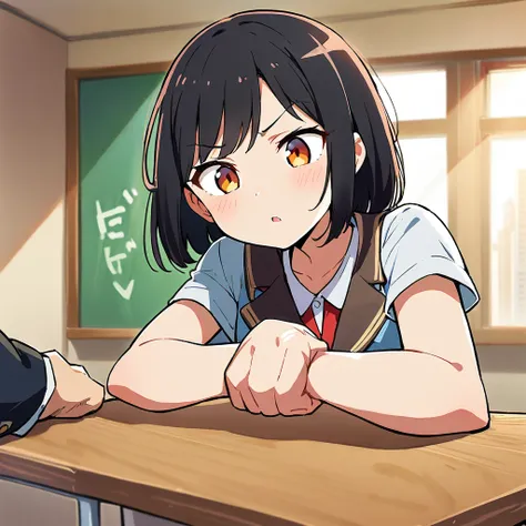 1 girl、(Black Hair、short hair:1.2)、(high school student、uniform)、(Do arm wrestling:2.0)、Brave look、School classroom、(Highest quality、masterpiece、High resolution、detailed)animeスタイル、Flat Style、(Shining Eyes、detailed美しい顔),  break,anime