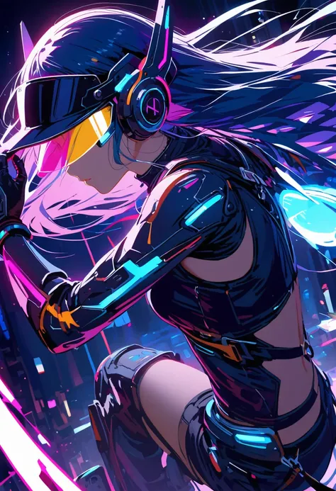 Female Android，Manga style，Ray Tracing，CG，Neon Light,visor
