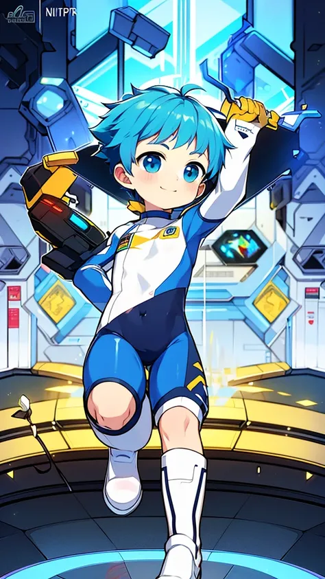 Game CG，4k picture quality，((little boy))，The feeling of youth，anime hero，Q version male character ears，happy，防wind鏡，White and Blue Racing Bodysuit，White gloves，Racing boots，float。wind，Lighting Effects，Full body portrait，Normal hand