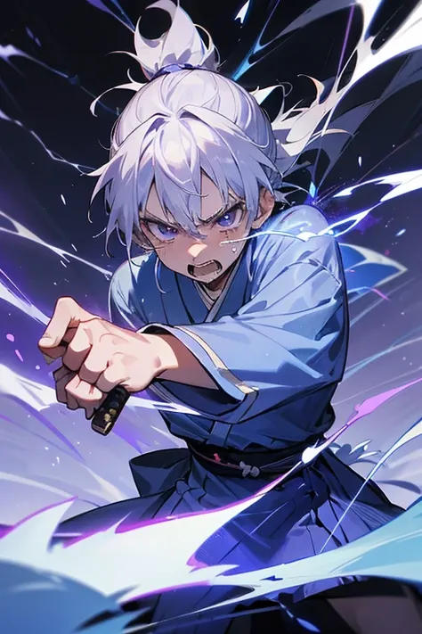 A samurai of about 14 years old with silver hair and wearing a blue kimono, holding a sword and charging with a purple lightning bolt, a sense of speed, gritting his teeth in rage, and shedding tears.