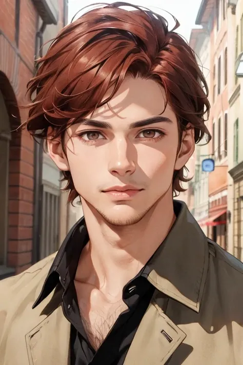 ((best quality)), ((masterpiece)), (detailed), men realistic perfect face a 32 years men realistic brown eyes, short red hair, normal clothes