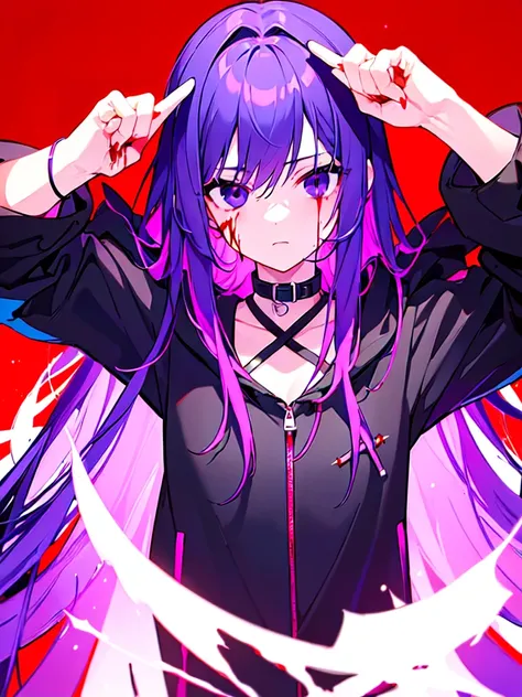 [(RED BACKGROUND:1.5),::5], ((((masterpiece)))), high quality, ultra very high resolution, full color, (((solo))), ((girl)), Purple hair, (Black eyes), anime, ((upper body)), neon light, black parka, YANDERE, (Bloody effect:1.5)