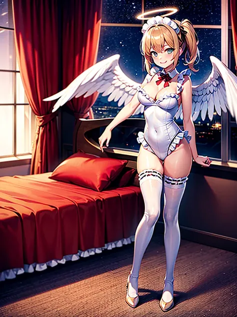 Highest Resolution,8K quality,Smiling beautiful girl in maid leotard,High leg,(((Frills))),White angel wings on your back,Halo,Bedroom,Night view outside the window,Very beautiful eyes,whole body,front,Knee-high stockings,Drink,