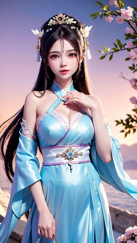 14 year old teenage girl，Ancient costume with Hanfu, open V-neck clothing. ，(quality、Masterpiece:1.2)， sweet girl，pigtail，silver white hair、Smooth skin、Beautiful mouth、(beautiful gesture)，(Chinese style translucent cloth bag)，Gorgeous Chinese cheongsam, pu...