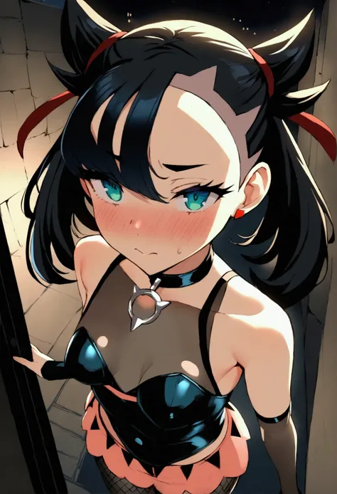 NSFW,masterpiece,Highest quality,High resolution,Super detailed,marnie_(pokemon),Aqua Eye, Black Choker, Red ribbon,Black leotard,See-through,Micro Mini Skirt,Removable sleeves,Fishnet tights,Small breasts,Be nervous,Embarrassed,blush,Downtown at night,All...